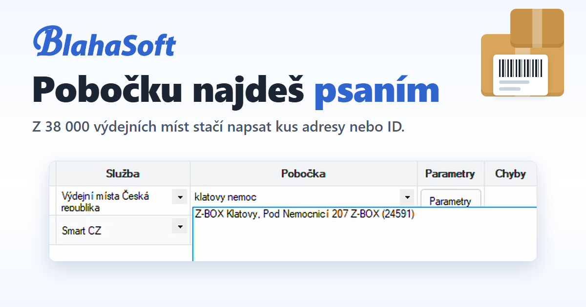 Vyhledávání výdejních míst v aplikaci Balíkobot – po napsání „klatovy nemoc“ zbude jediná pobočka