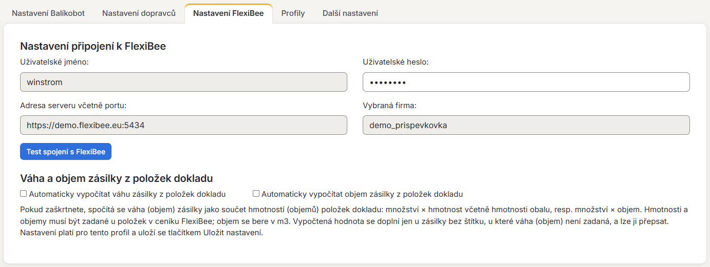 Záložka Nastavení FlexiBee