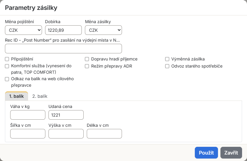 Parametry zásilky PPL se dvěma balíky
