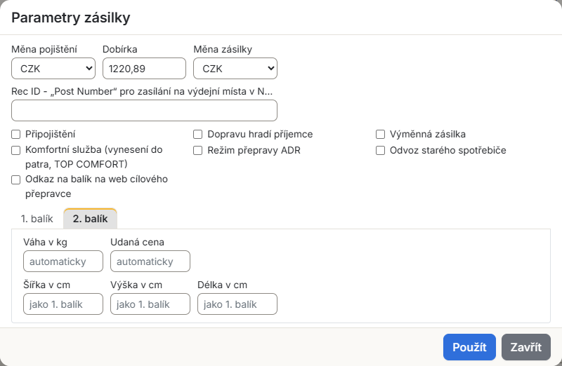 Druhý balík vícekusové zásilky