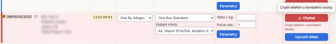 Záznam s chybou a celý popis chyby v nápovědě tlačítka Chyba!