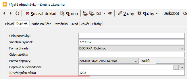 Pole ID výdejního místa na dokladu