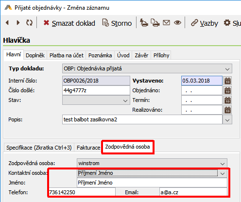 Kontaktní osoba, telefon a e-mail na dokladu